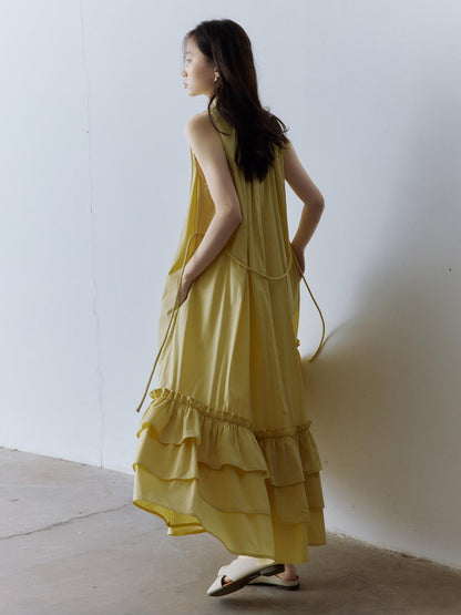 FUSSED Morning Mist Yellow Layered Spliced A Line V-neck Tie Women&