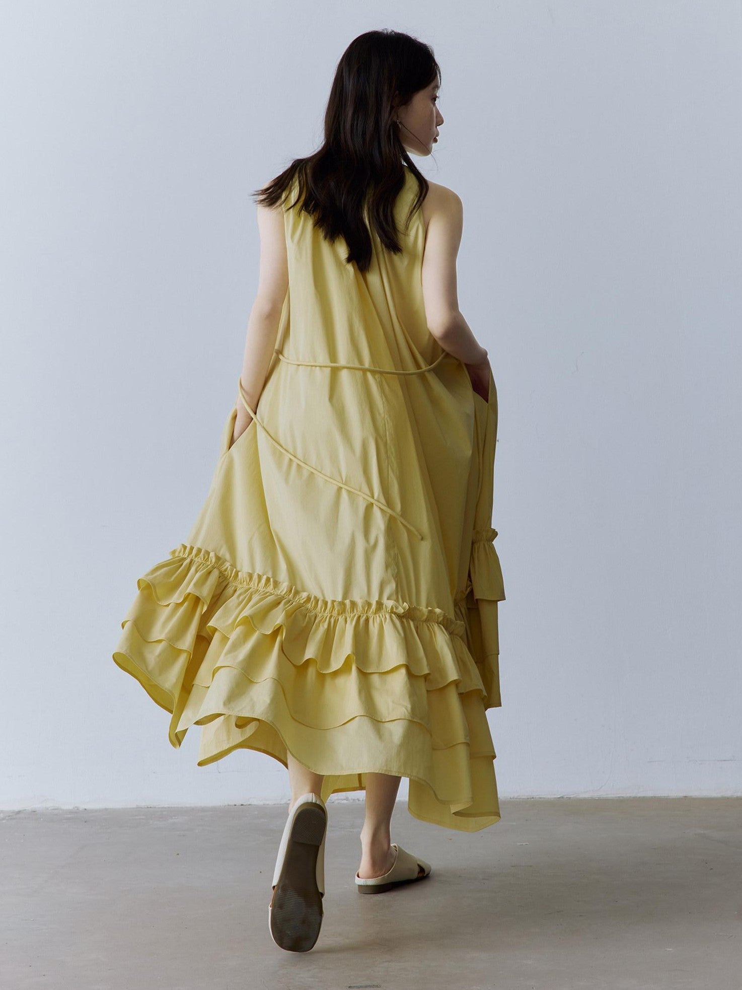 FUSSED Morning Mist Yellow Layered Spliced A Line V-neck Tie Women&