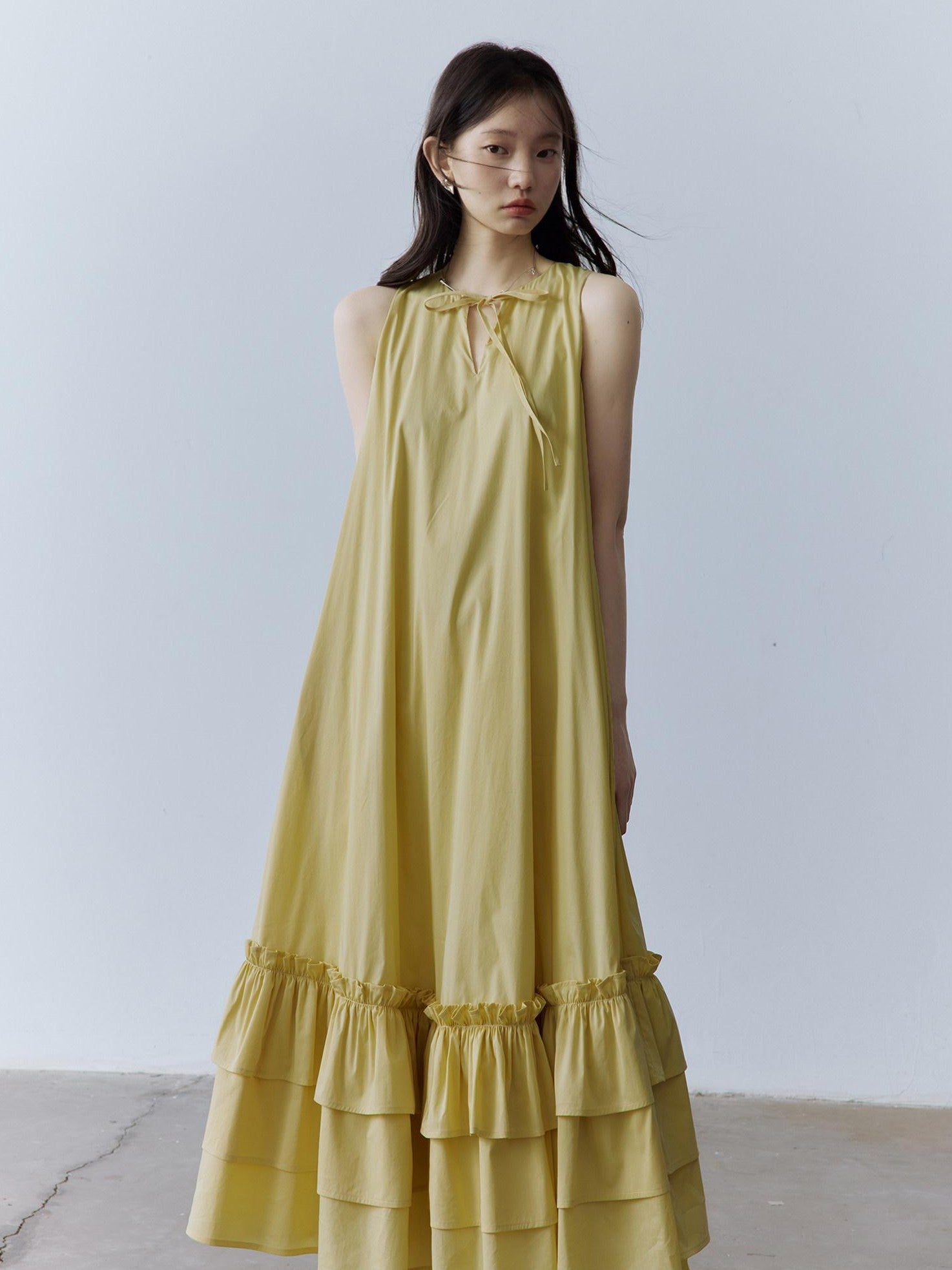 FUSSED Morning Mist Yellow Layered Spliced A Line V-neck Tie Women&