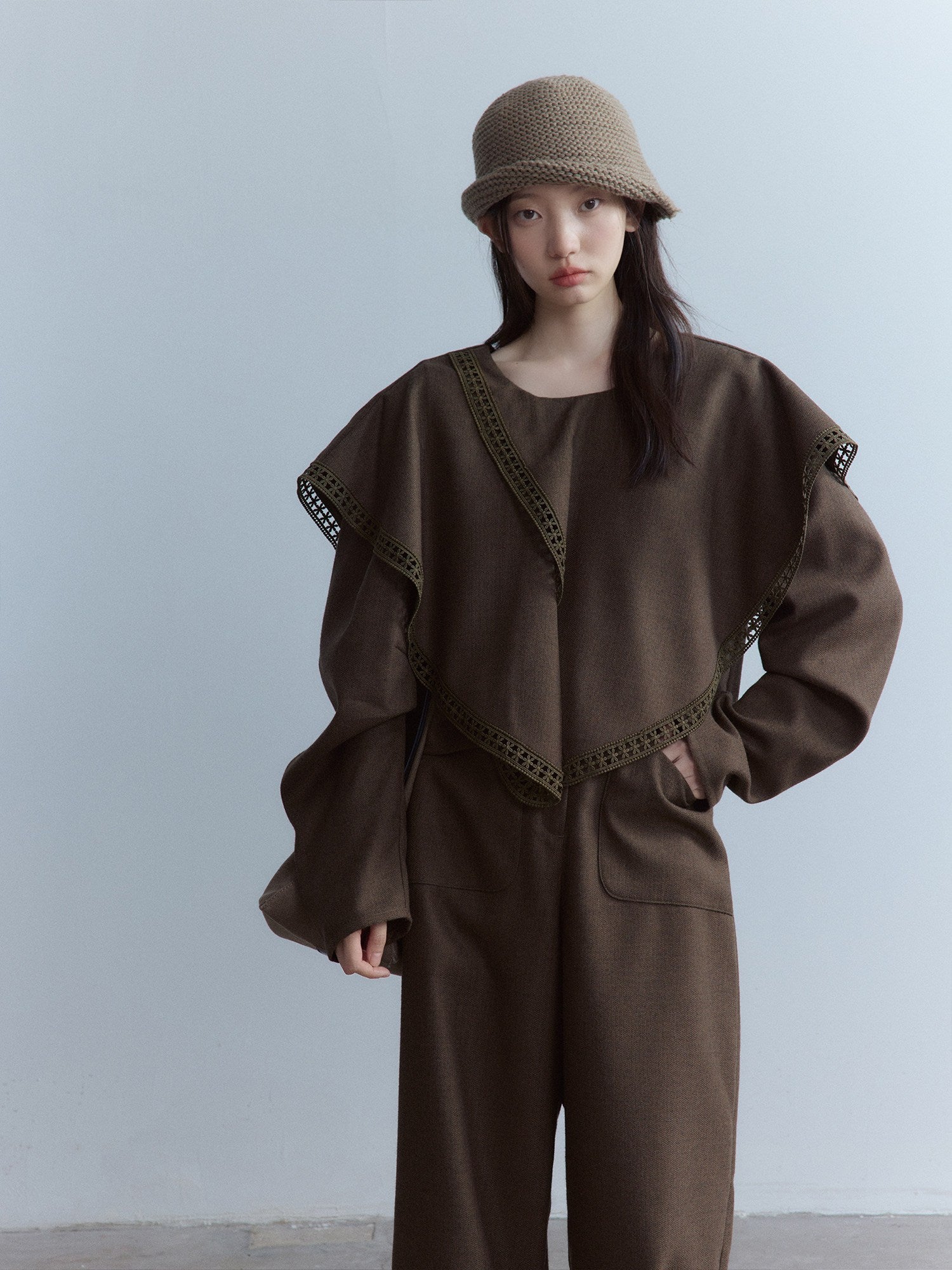 FUSSED Moss Green Layered Patchwork Herringbone Asymmetric Shawl Women&
