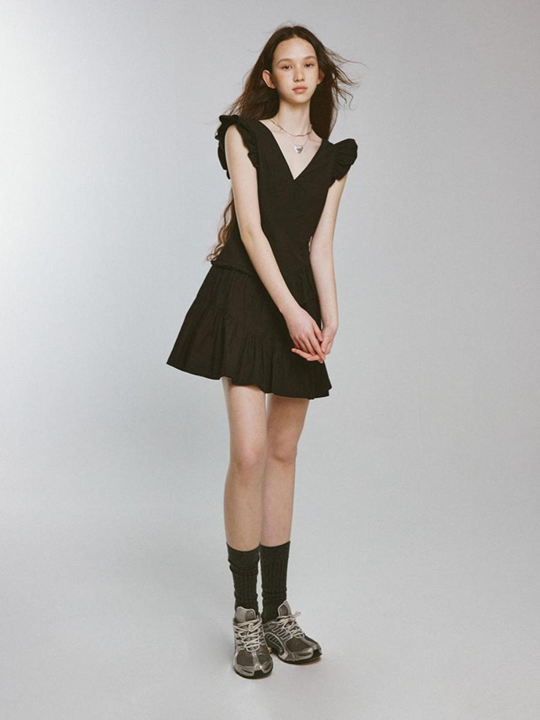 FUSSED Mysterious Waltz Black V-Neck Flounced Hem Dress