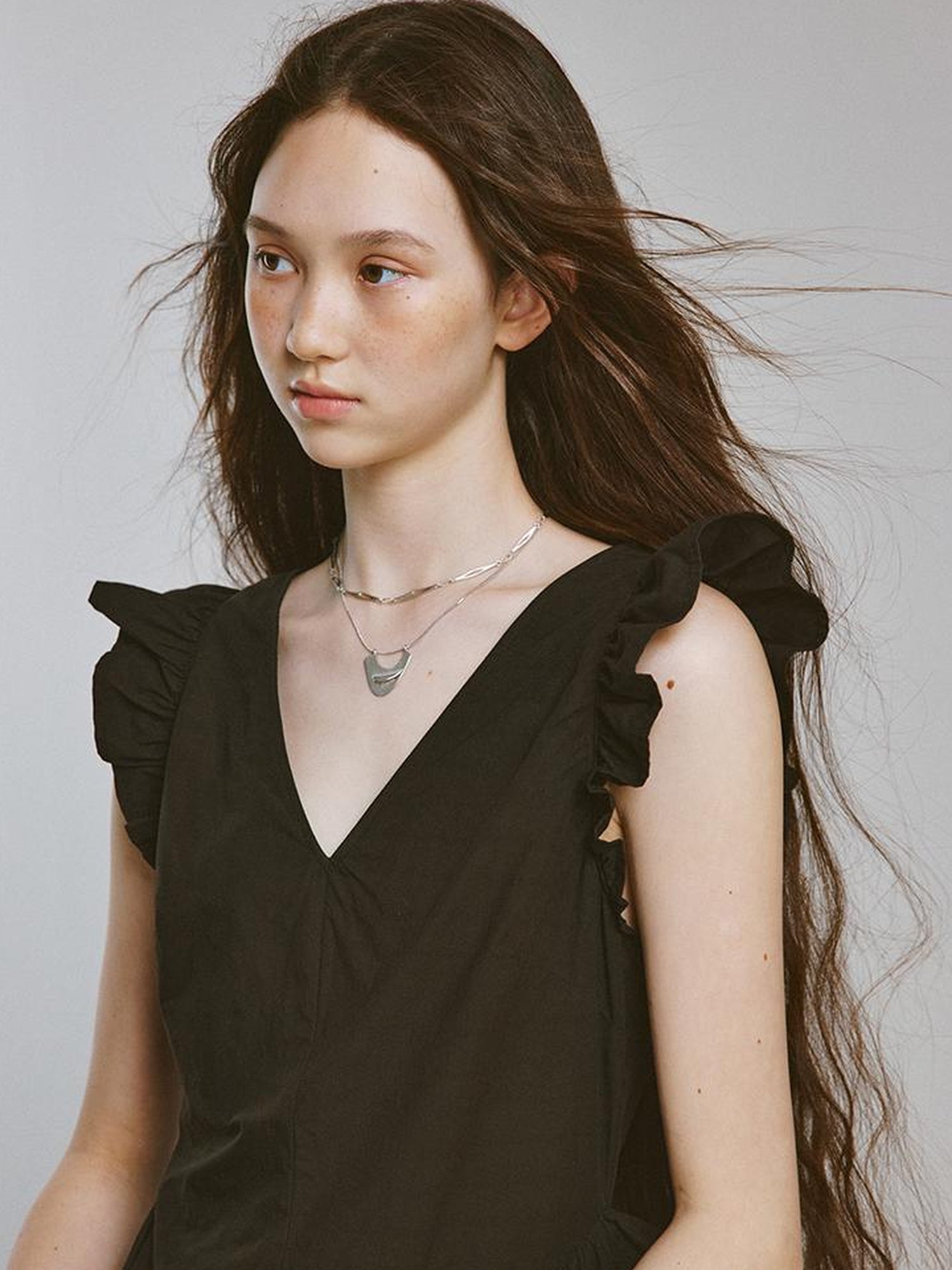 FUSSED Mysterious Waltz Black V-Neck Flounced Hem Dress