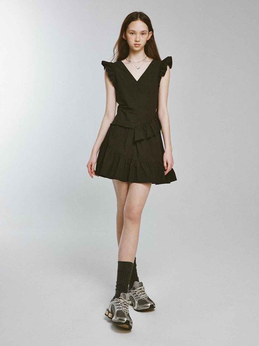 FUSSED Mysterious Waltz Black V-Neck Flounced Hem Dress