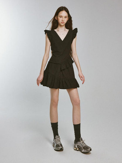 FUSSED Mysterious Waltz Black V-Neck Flounced Hem Dress