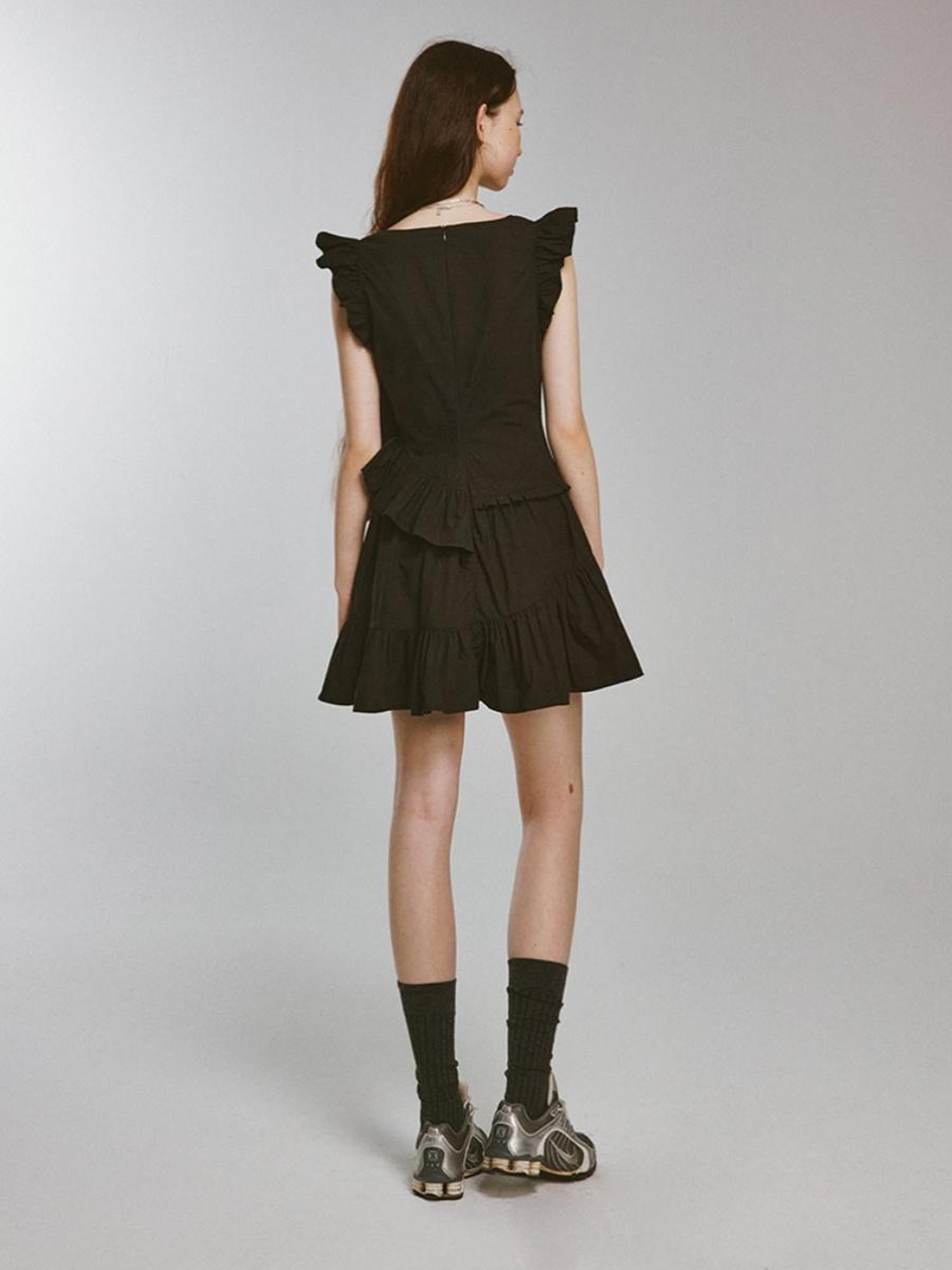 FUSSED Mysterious Waltz Black V-Neck Flounced Hem Dress