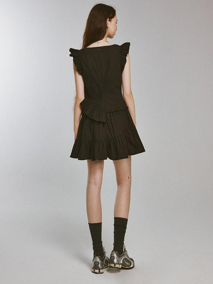 FUSSED Mysterious Waltz Black V-Neck Flounced Hem Dress