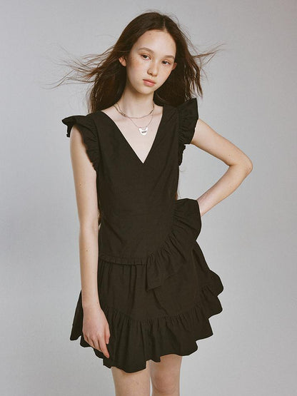 FUSSED Mysterious Waltz Black V-Neck Flounced Hem Dress