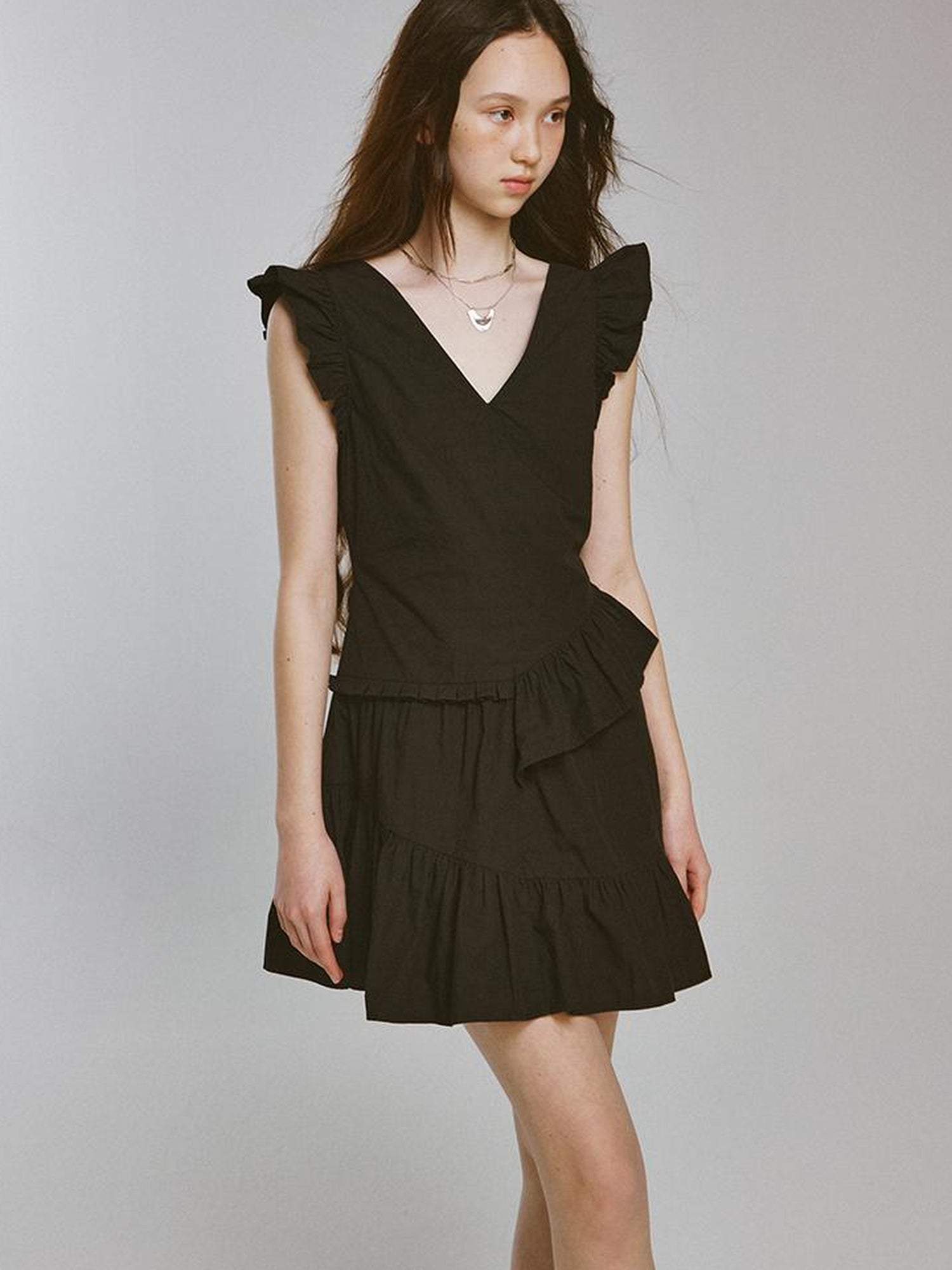 FUSSED Mysterious Waltz Black V-Neck Flounced Hem Dress