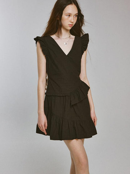 FUSSED Mysterious Waltz Black V-Neck Flounced Hem Dress