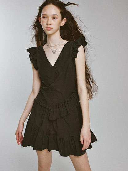 FUSSED Mysterious Waltz Black V-Neck Flounced Hem Dress