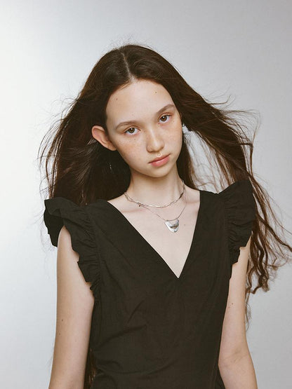 FUSSED Mysterious Waltz Black V-Neck Flounced Hem Dress