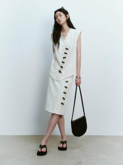 FUSSED Natural Tone Wooden Button Asymmetric V-neck Women&