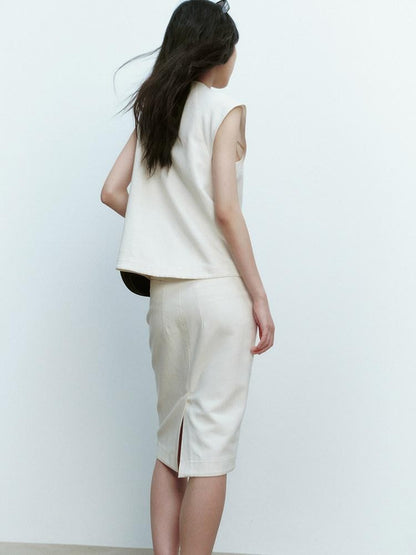 FUSSED Natural Tone Wooden Button Asymmetric V-neck Women&