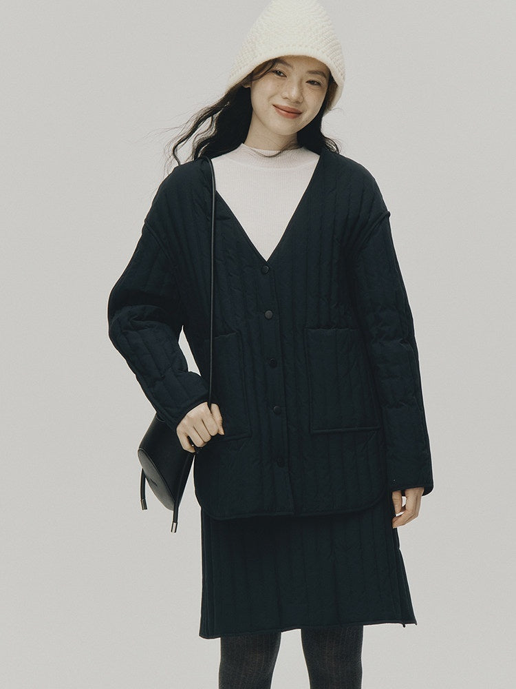 FUSSED_Navy_Striped_Quilted_V-neck_Women&