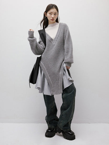 FUSSED_Noise_Texture_Irregular_Slouchy_V-neck_Knit_Splice_Women&