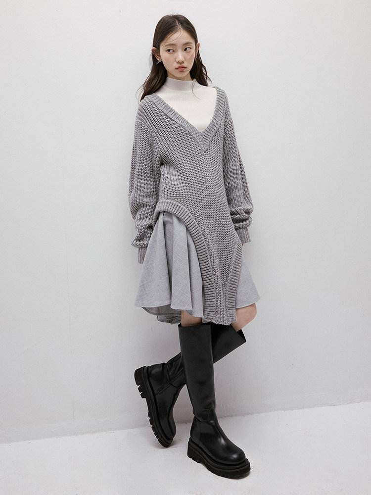 FUSSED Noise Texture Irregular Slouchy V-neck Knit Splice Women&