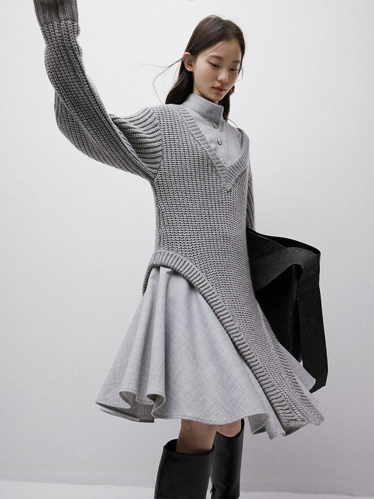 FUSSED Noise Texture Irregular Slouchy V-neck Knit Splice Women&