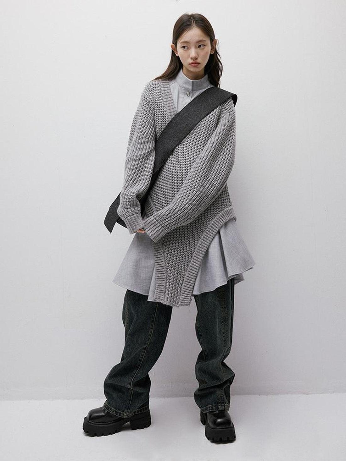 FUSSED Noise Textured V-Neck Knit Woven Asymmetrical Dress