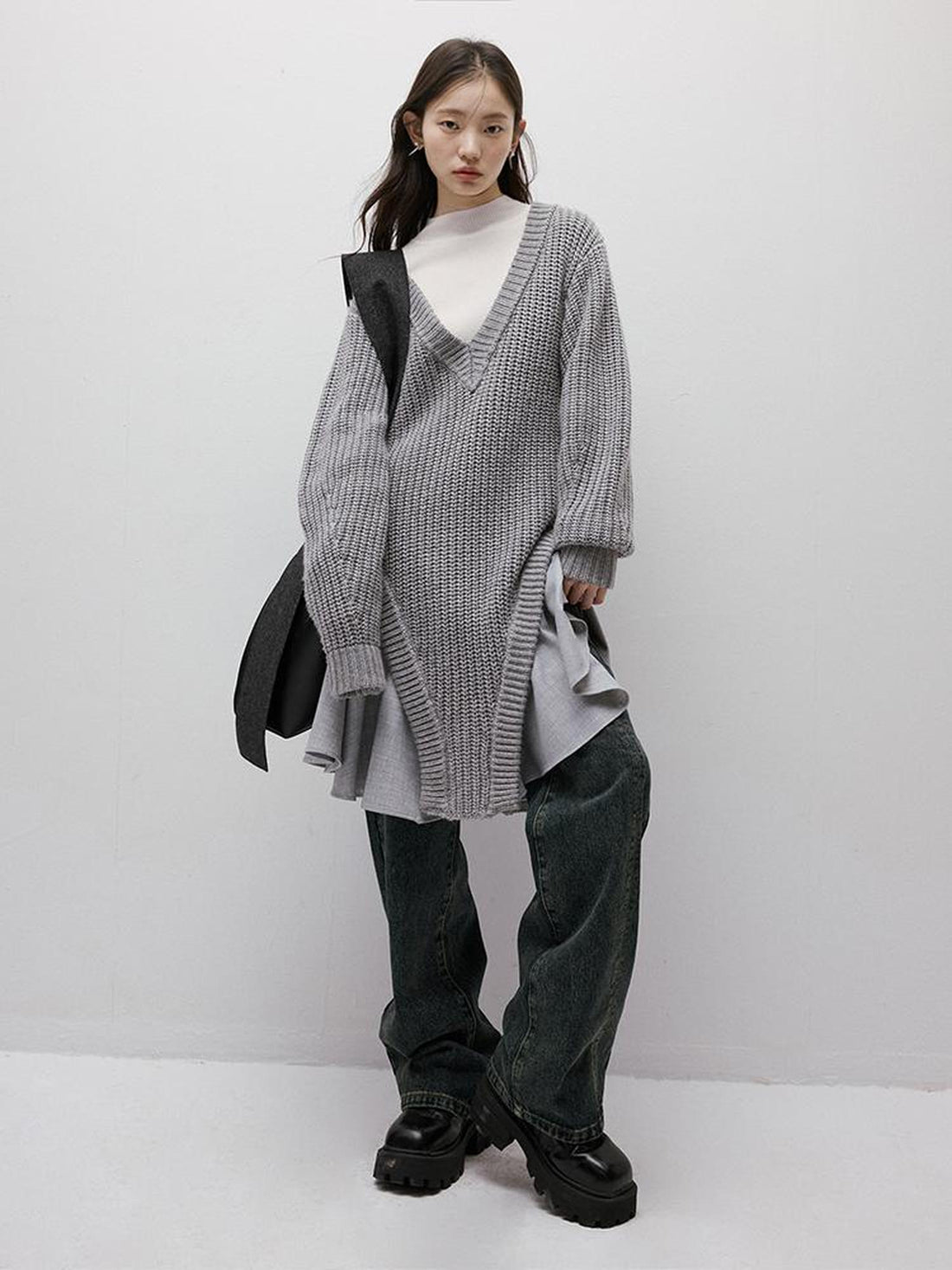 FUSSED Noise Textured V-Neck Knit Woven Asymmetrical Dress