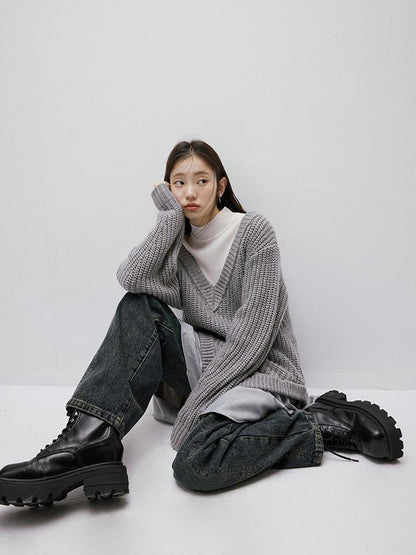 FUSSED Noise Textured V-Neck Knit Woven Asymmetrical Dress