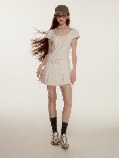 FUSSED Noisy White Heavy Quilting Raw Hem Denim Dress
