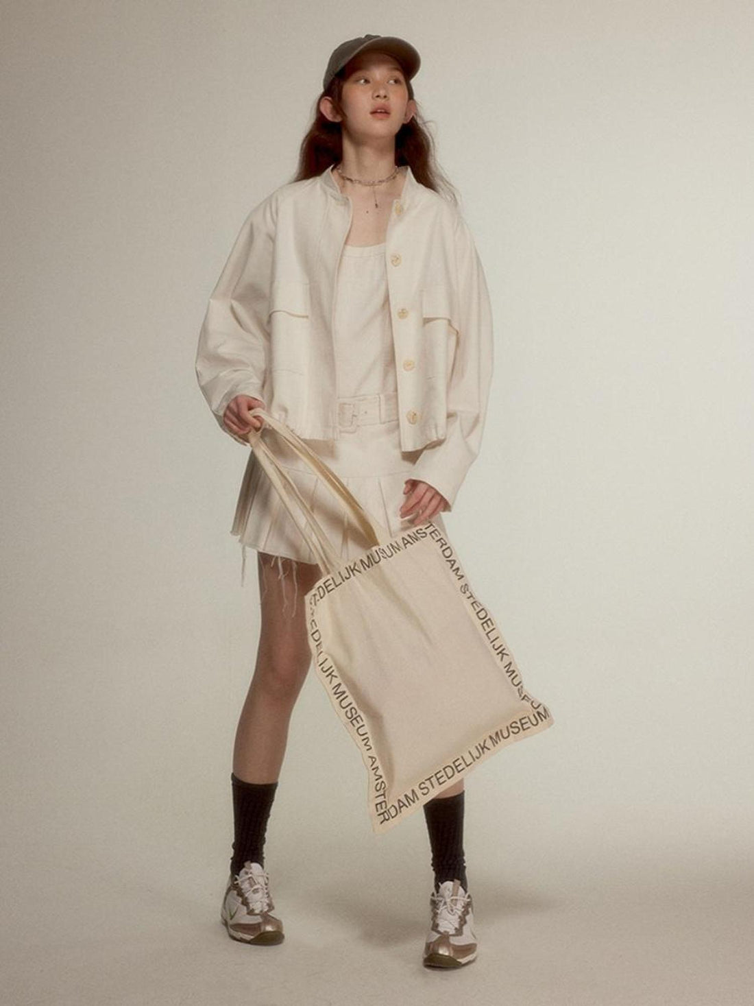 FUSSED Noisy White Vintage Inspired Stand Collar Jacket With 3D Pockets