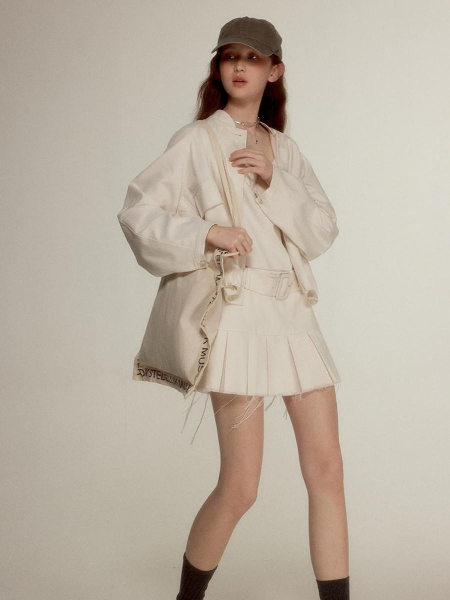 FUSSED Noisy White Vintage Inspired Stand Collar Jacket With 3D Pockets
