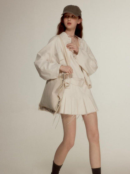 FUSSED Noisy White Vintage Inspired Stand Collar Jacket With 3D Pockets