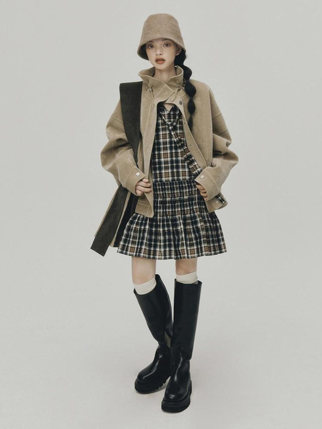 FUSSED Norwegian Forest Blue Brown Plaid Cotton Babydoll Dress