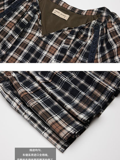 FUSSED Norwegian Forest Blue Brown Plaid Cotton Babydoll Dress