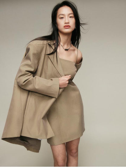 FUSSED Nude Brown Brushed Lycotton Wide Shoulder Blazer