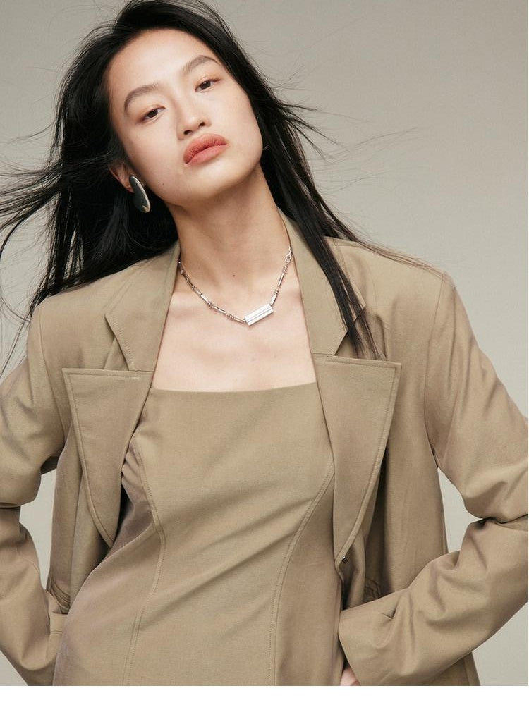 FUSSED Nude Brown Matte Finish Wide Shoulder Single Button Women&