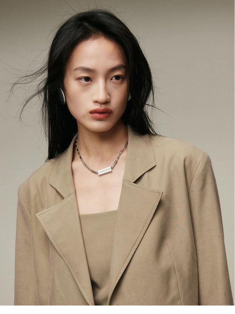 FUSSED Nude Brown Matte Finish Wide Shoulder Single Button Women&