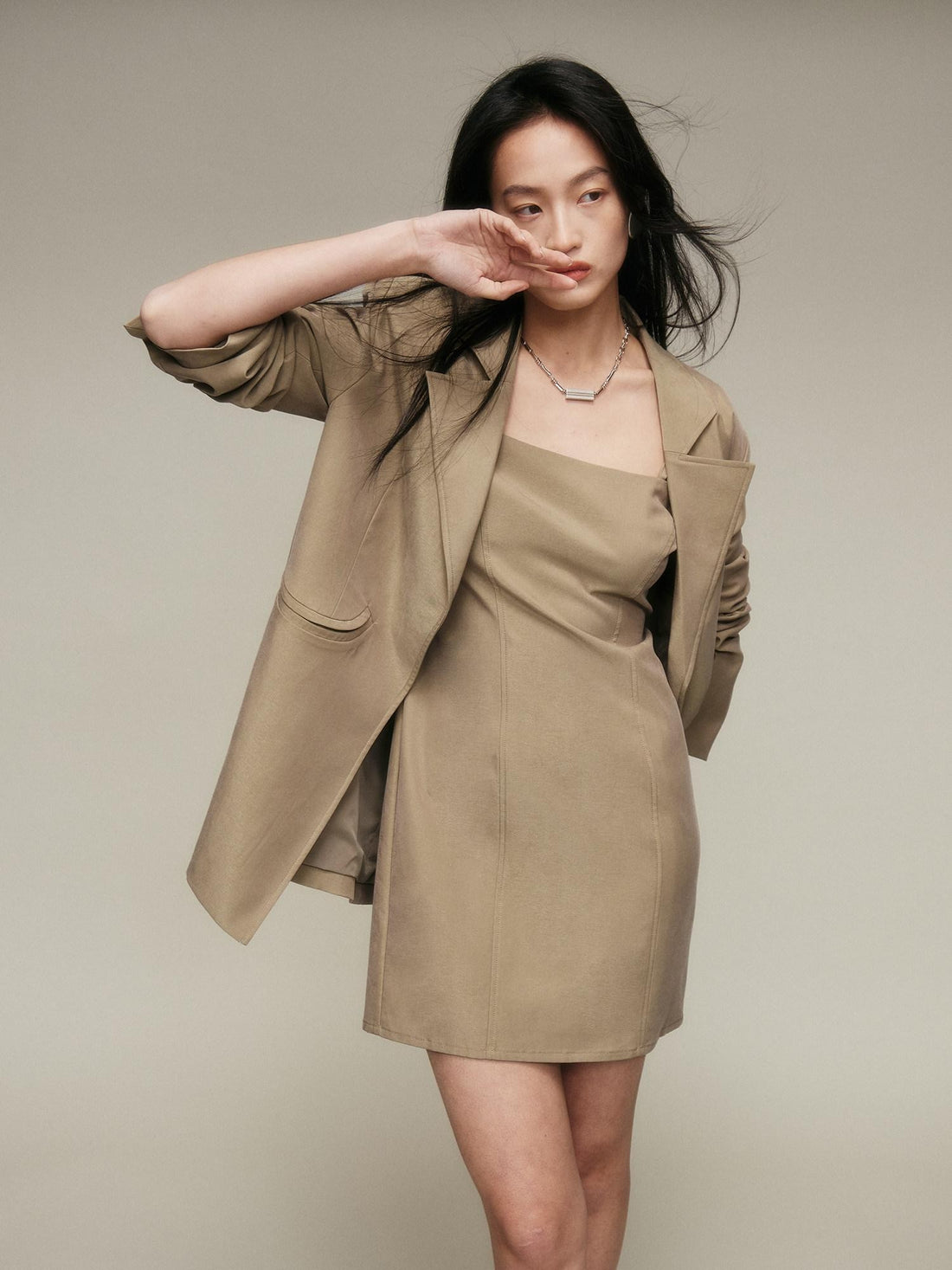 FUSSED Nude Brown Matte Finish Wide Shoulder Single Button Women&