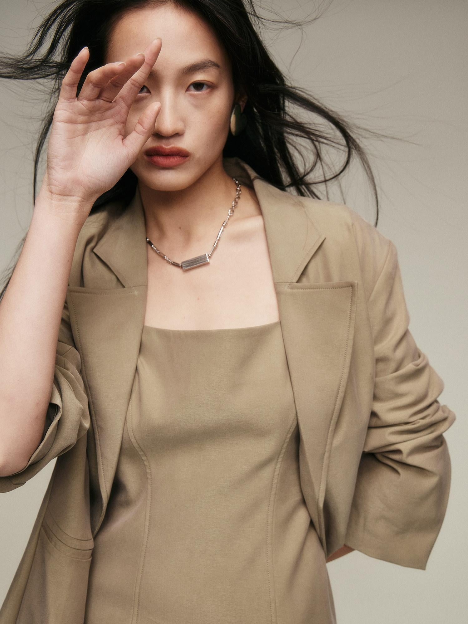 FUSSED Nude Brown Matte Finish Wide Shoulder Single Button Women&