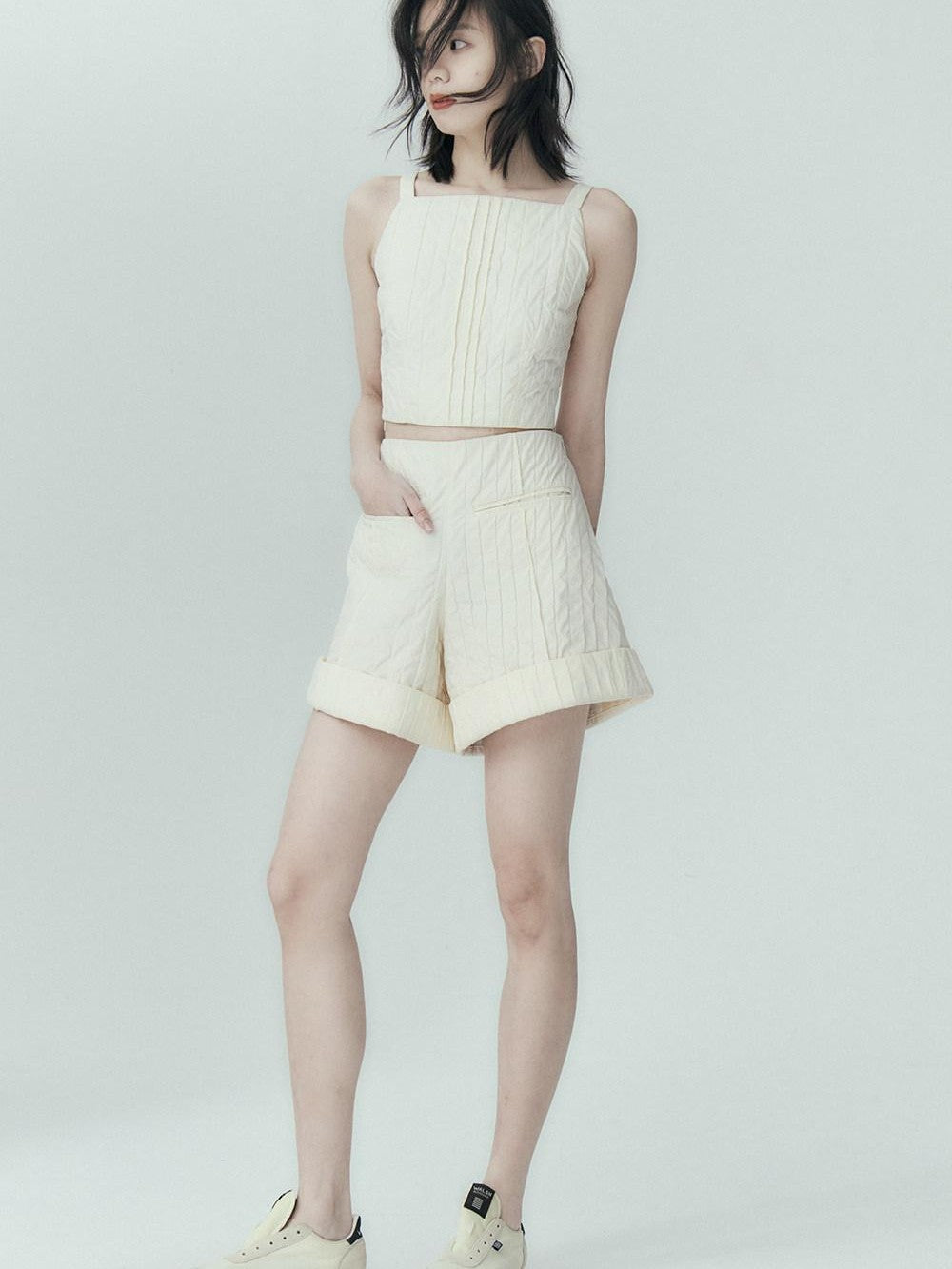 FUSSED Off White Pleated Texture Women&