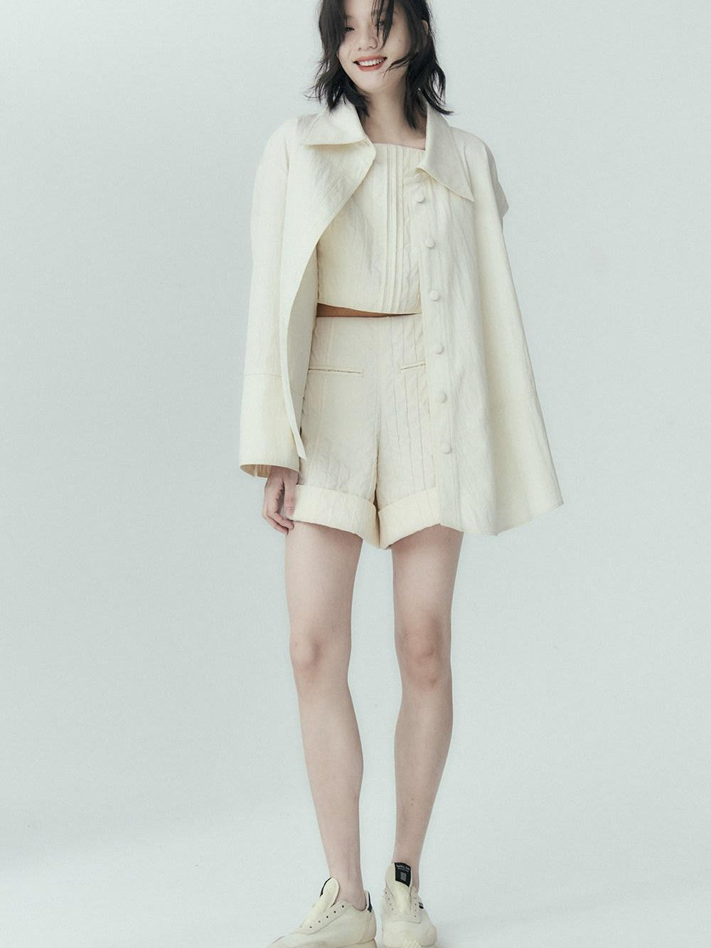 FUSSED Off White Pleated Texture Women&