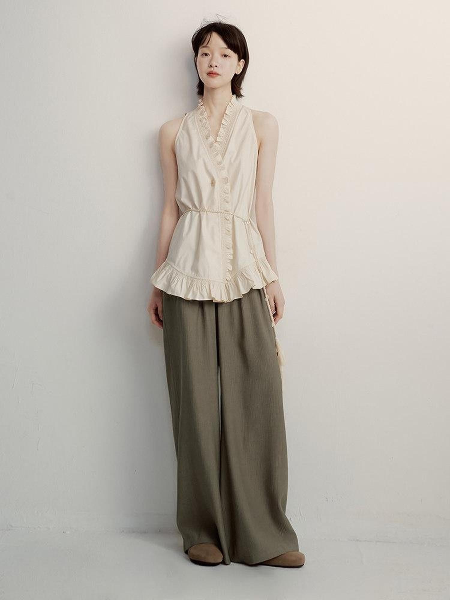 FUSSED Olive Grey Green Paper Crinkle Texture Slouchy Drape Women&