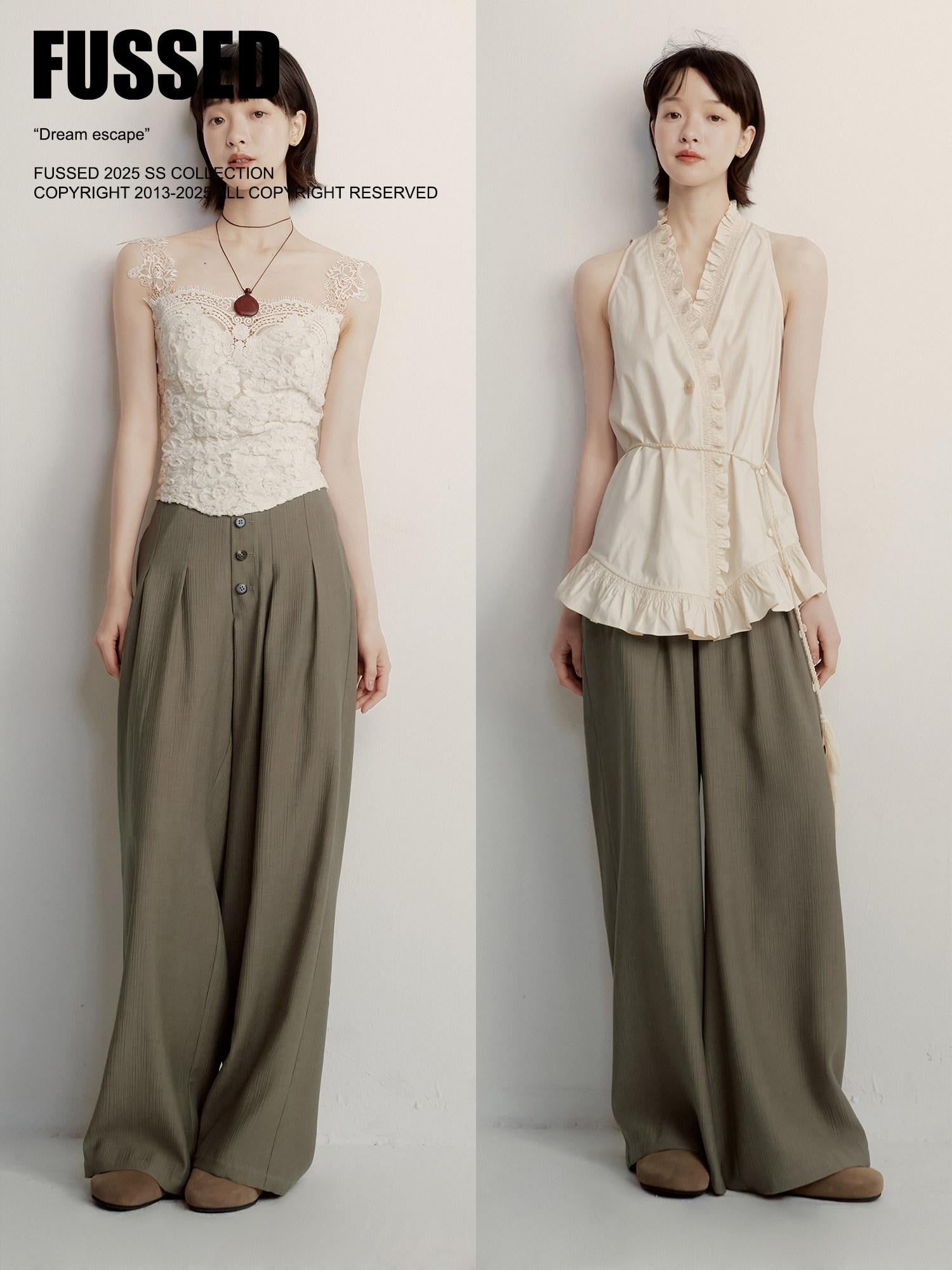 FUSSED Olive Grey Green Paper Crinkle Texture Slouchy Drape Women&