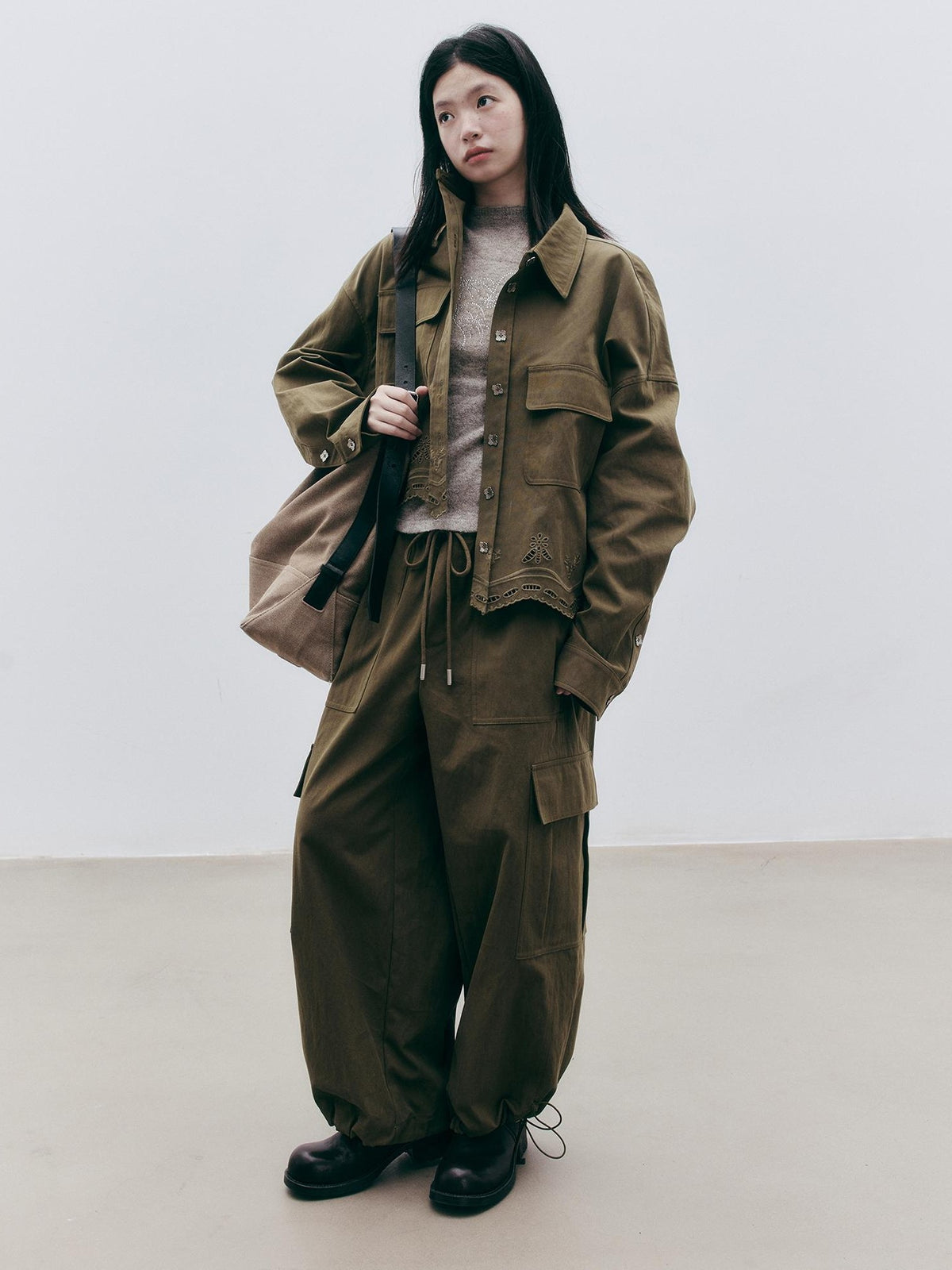 FUSSED Olive Structured Wide Leg Pocket Women&