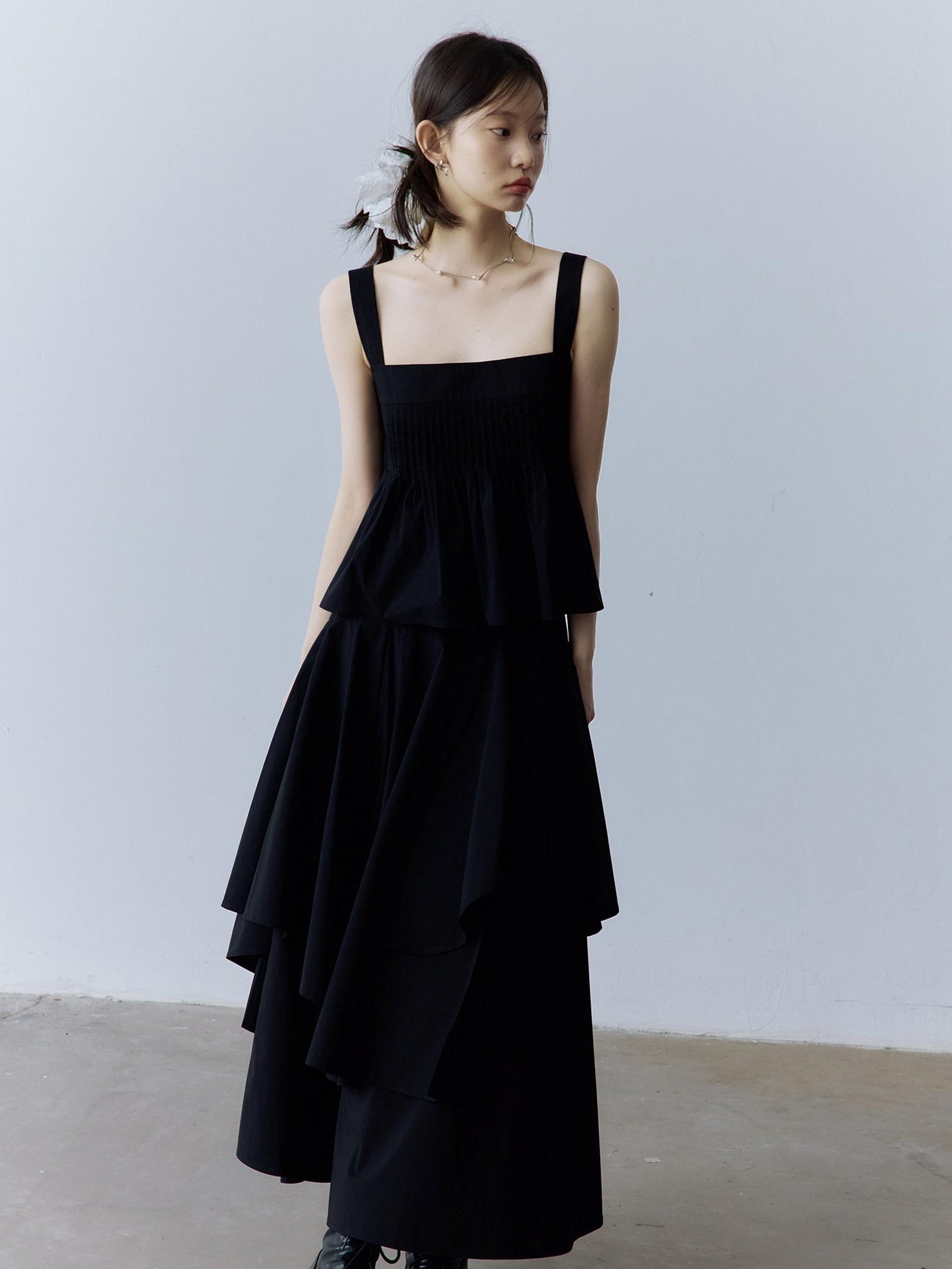 FUSSED Original Square Neck Loose Fit Cotton Cami Women Casual Black Midi Dresses