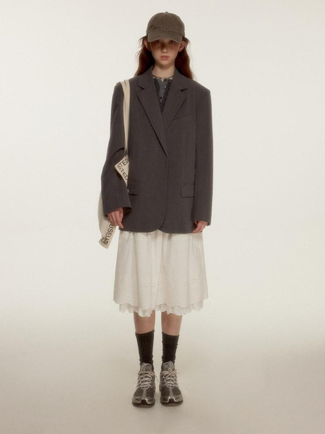 FUSSED Oversized Grey Tailored Blazer with Wide Shoulder and Pocket Design