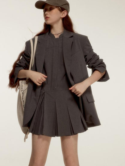 FUSSED Oversized Grey Tailored Blazer with Wide Shoulder and Pocket Design