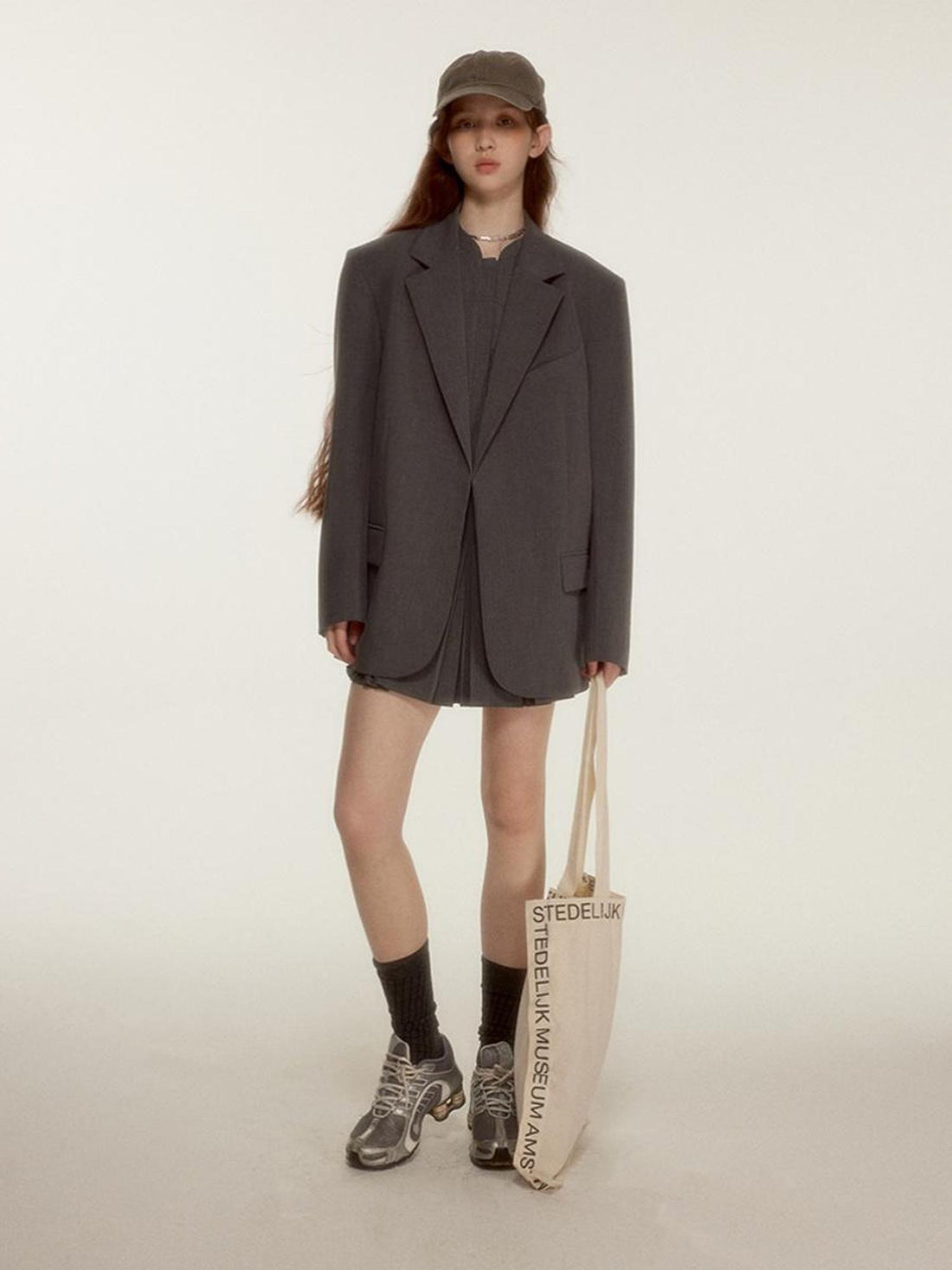 FUSSED Oversized Grey Tailored Blazer with Wide Shoulder and Pocket Design