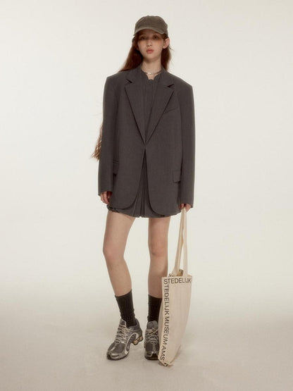 FUSSED Oversized Grey Tailored Blazer with Wide Shoulder and Pocket Design