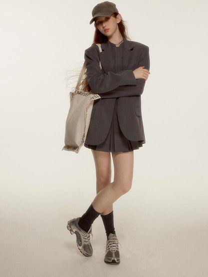 FUSSED Oversized Grey Tailored Blazer with Wide Shoulder and Pocket Design