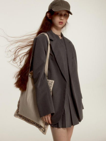 FUSSED Oversized Grey Tailored Blazer with Wide Shoulder and Pocket Design