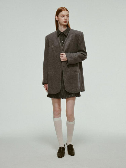 FUSSED Oversized V-Neck Wool Blend Blazer In Mercury Gray
