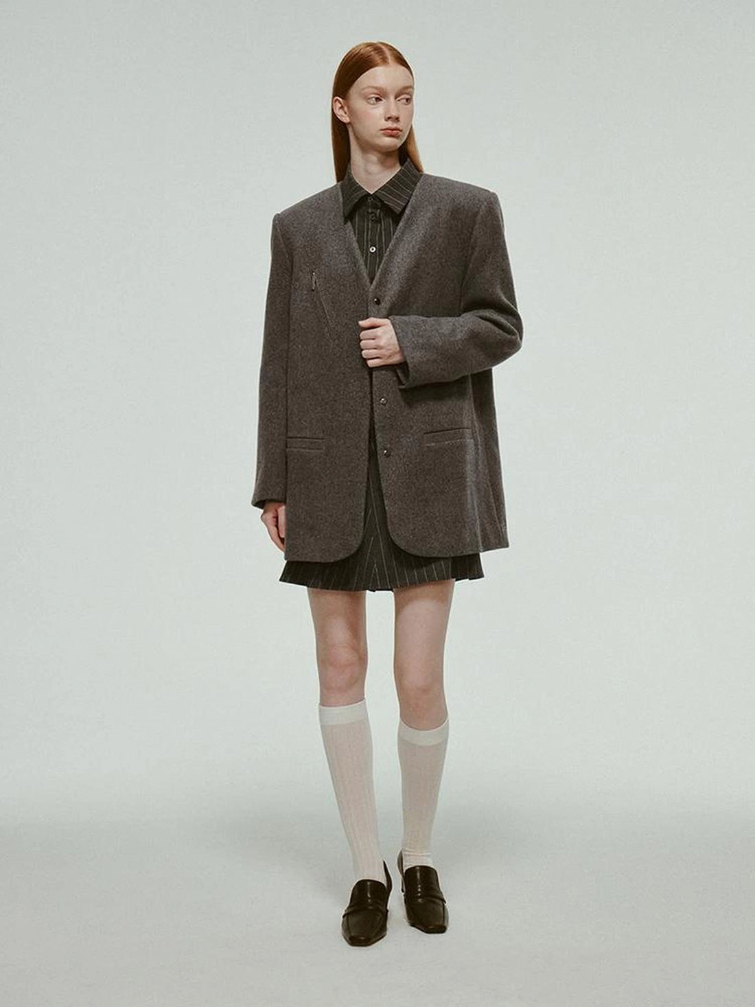 Oversized V-Neck Wool Blend Blazer In Mercury Gray