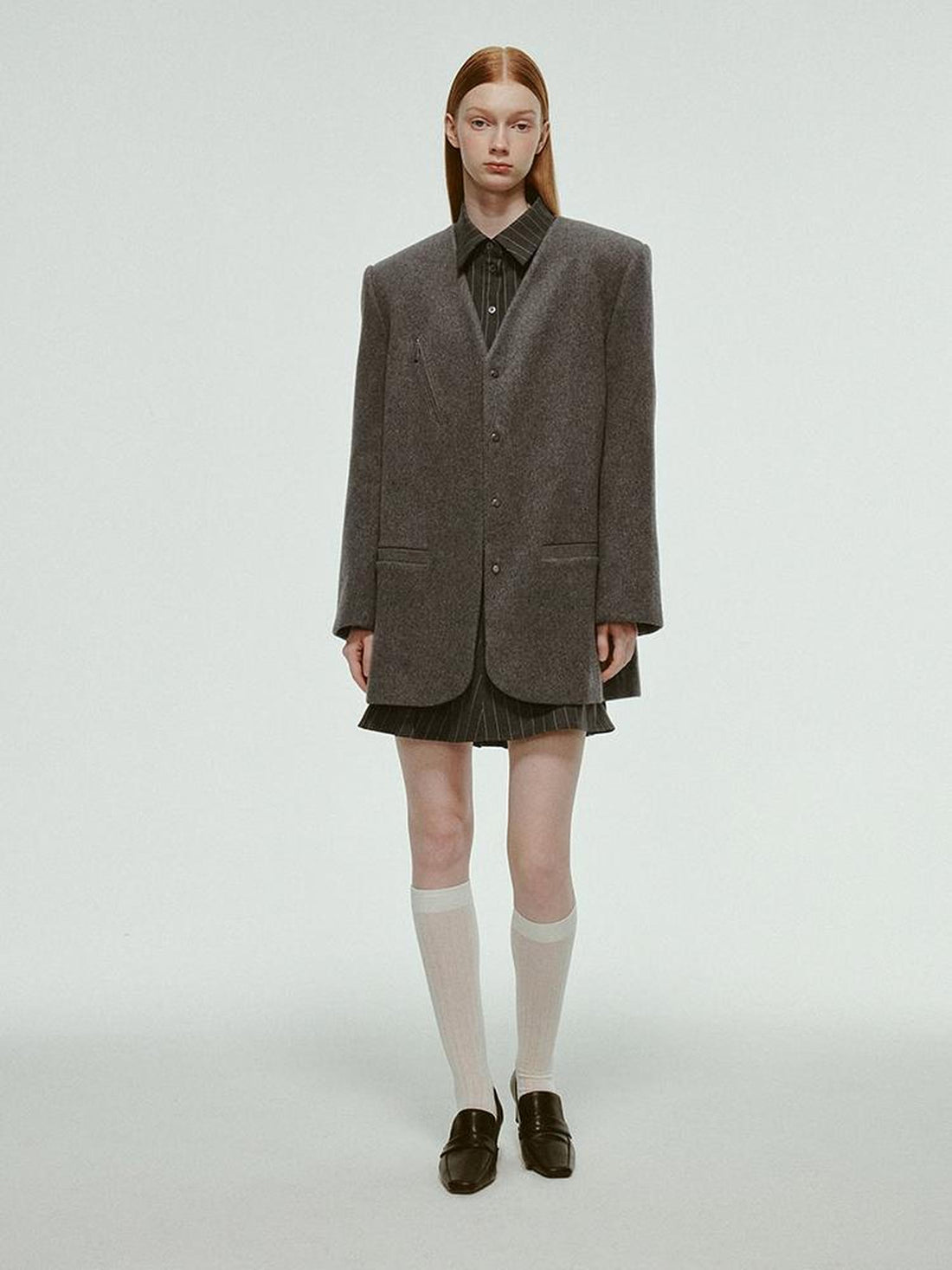 FUSSED Oversized V-Neck Wool Blend Blazer In Mercury Gray